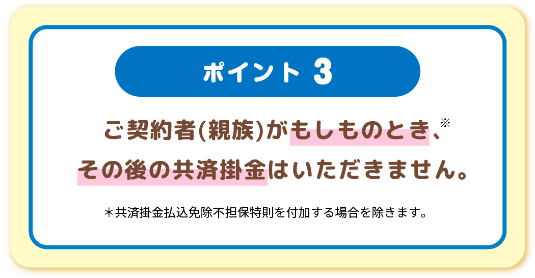 ポイント3:ご契約者（親族）がもしものときその後の共済掛金はいただきません。
